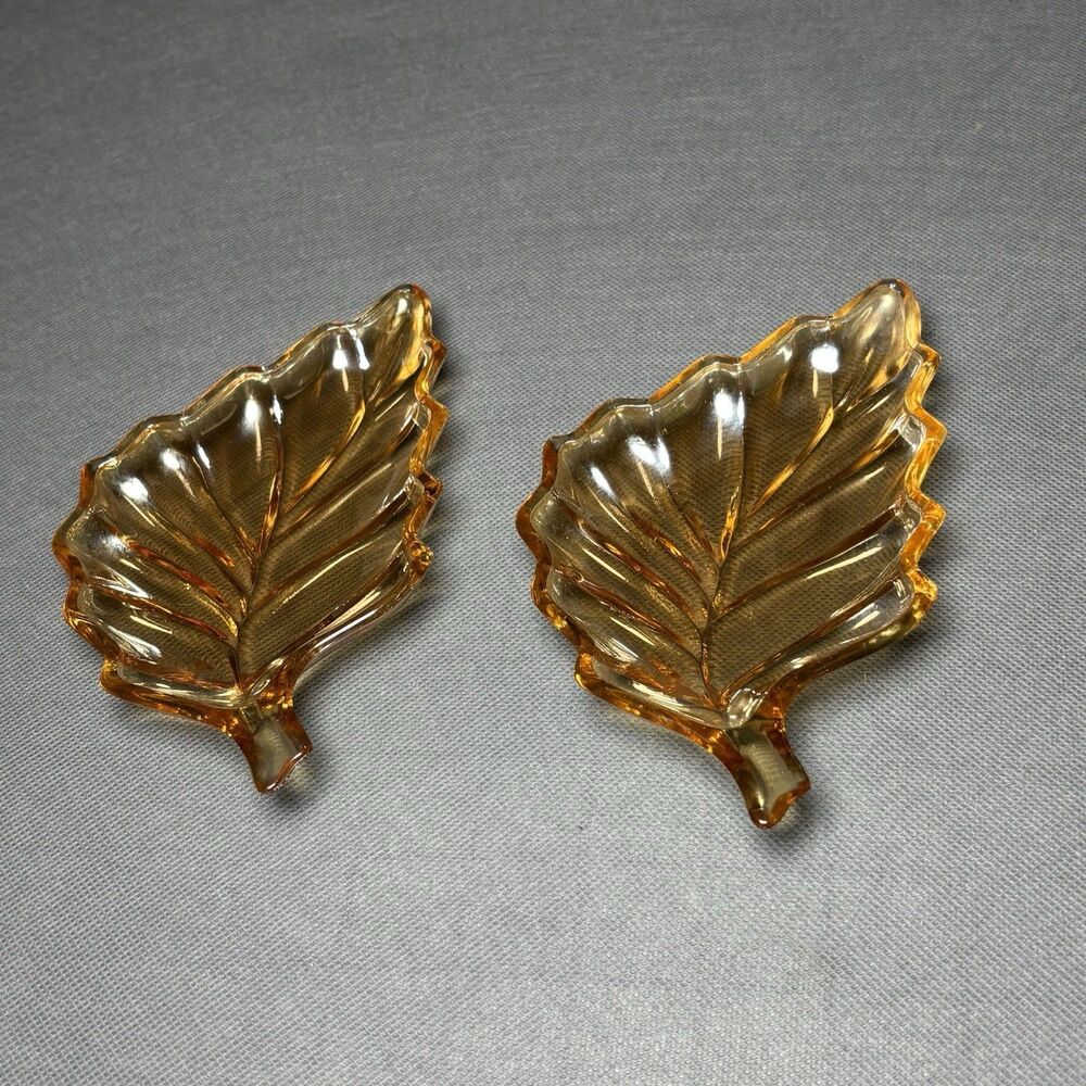 2 Vintage Leaf-Shaped Trinket Dish Marigold Carnival Glass Candy Dishes